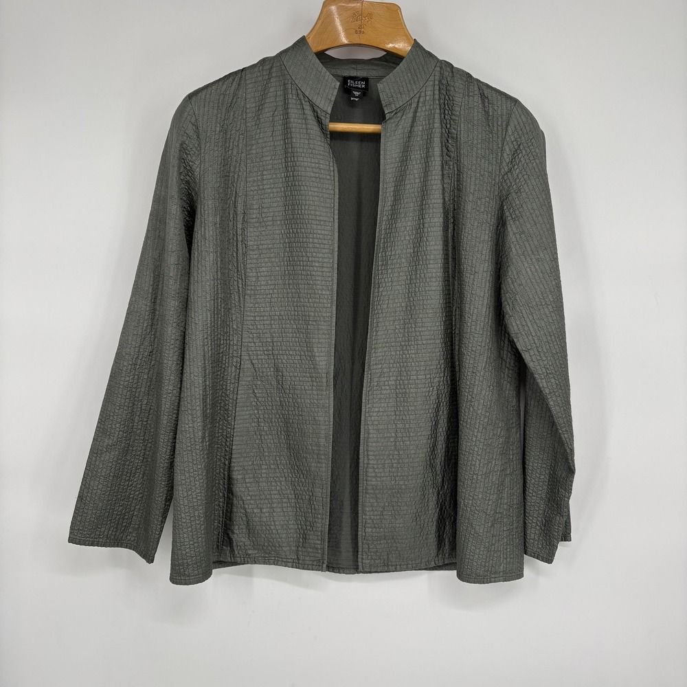 Eileen Fisher Jacket Women M Gray 100% Tussah Silk Textured Open Minimal Capsule